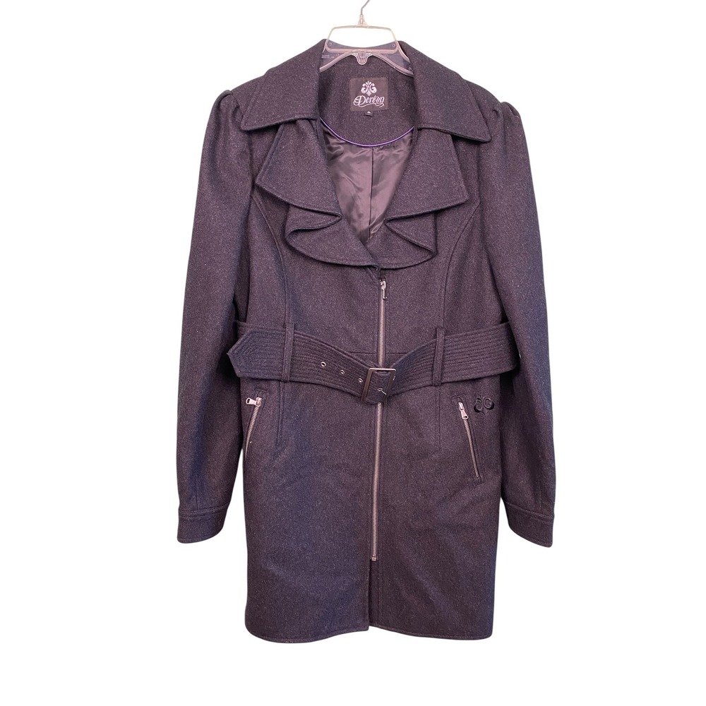 Dereon Womens XL Gray Wool Blend Belted‎ Trench Coat Ruffle Front Zip Up Jacket